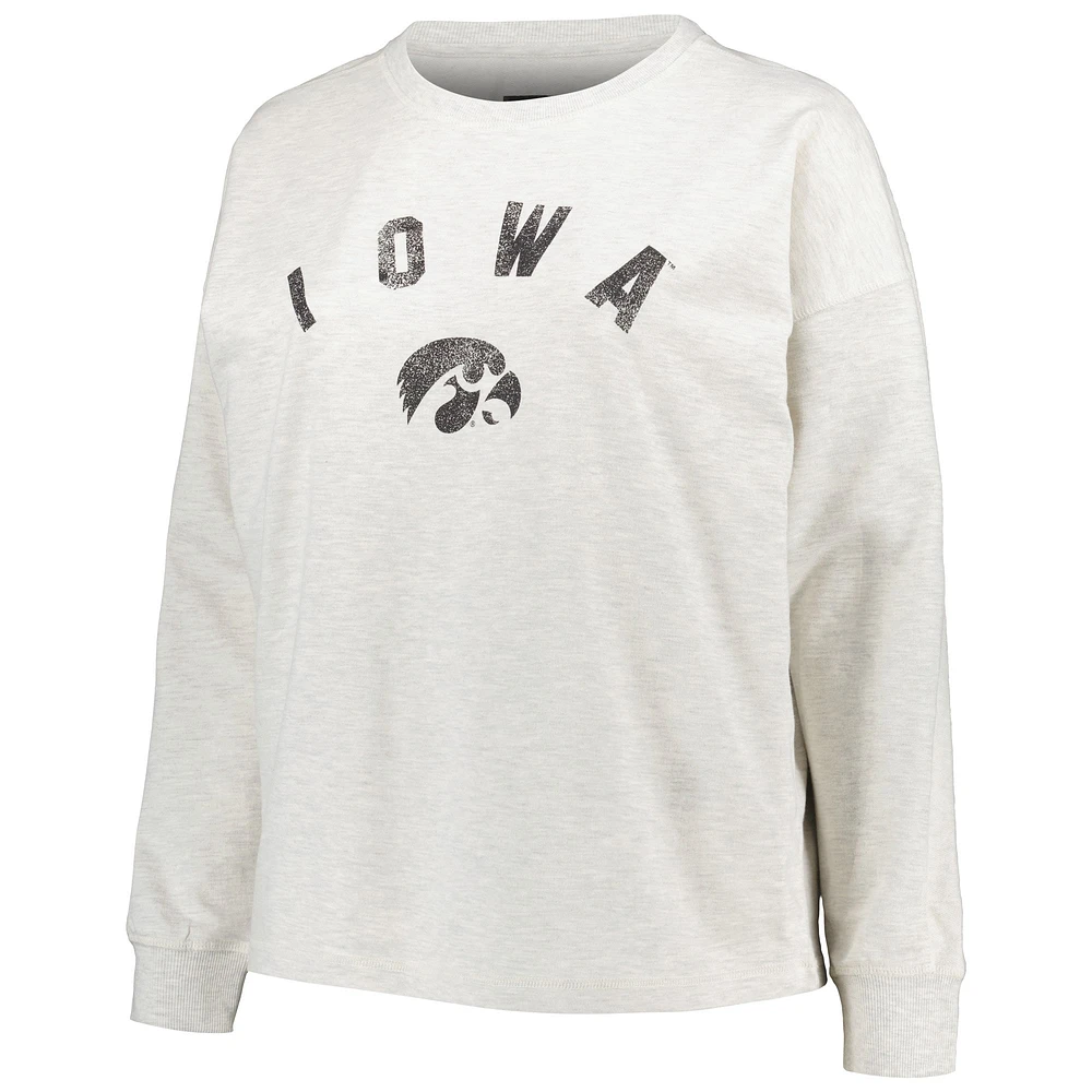 Women's Profile Oatmeal Iowa Hawkeyes Plus Distressed Arch Over Logo Neutral Boxy Pullover Sweatshirt