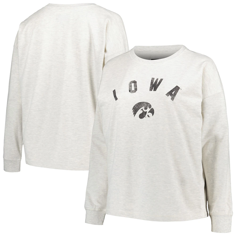 Women's Profile Oatmeal Iowa Hawkeyes Plus Distressed Arch Over Logo Neutral Boxy Pullover Sweatshirt