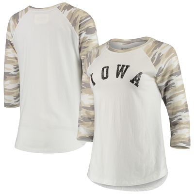 Women's White/Camo Iowa Hawkeyes Boyfriend Baseball Raglan 3/4-Sleeve T-Shirt