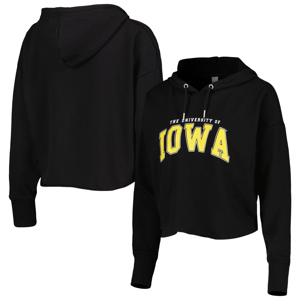 Women's ZooZatz Black Iowa Hawkeyes Core University Cropped French Terry Pullover Hoodie