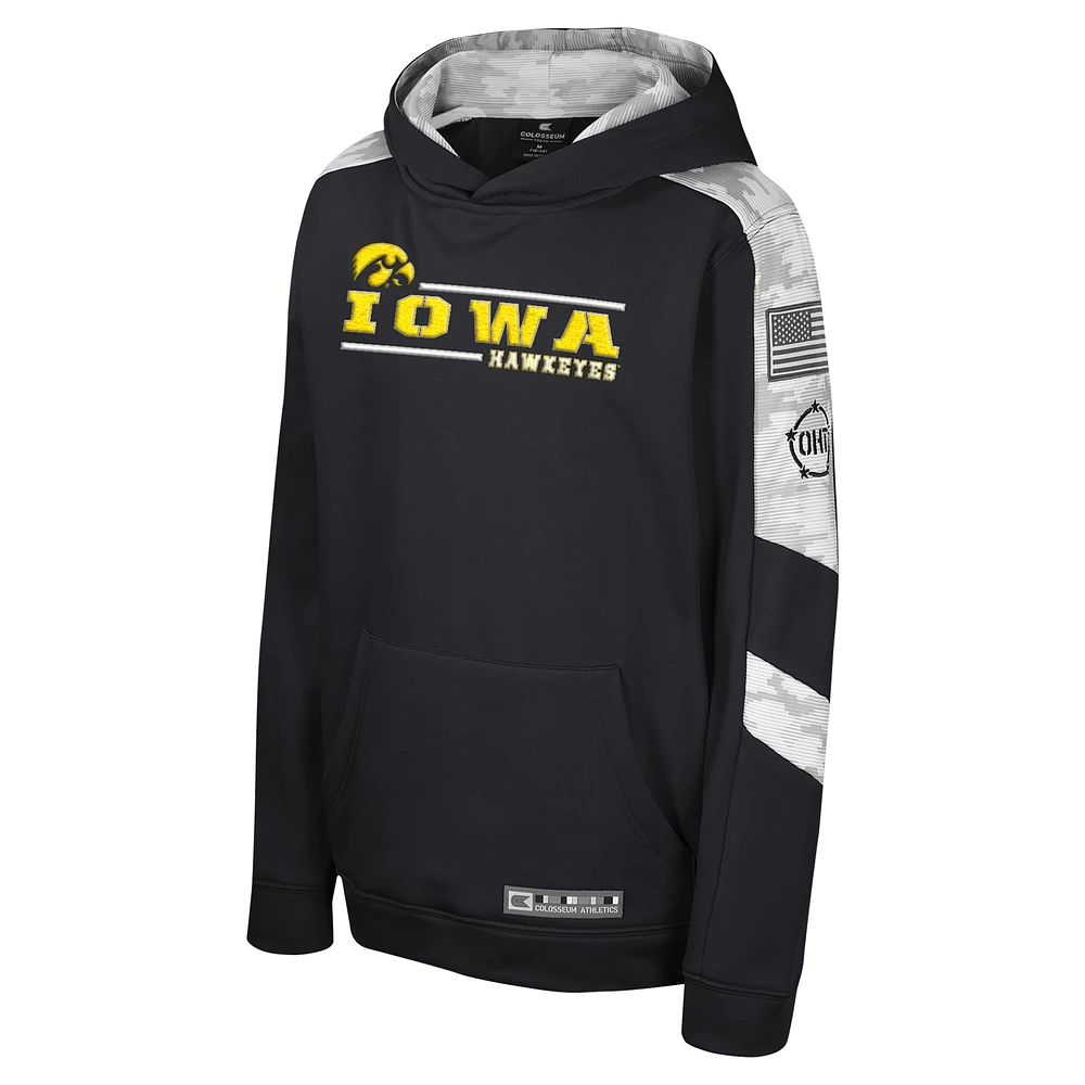 Sweat à capuche pour jeunes Colosseum noir Iowa Hawkeyes OHT Appréciation militaire Cyclone Digital Camo Pull