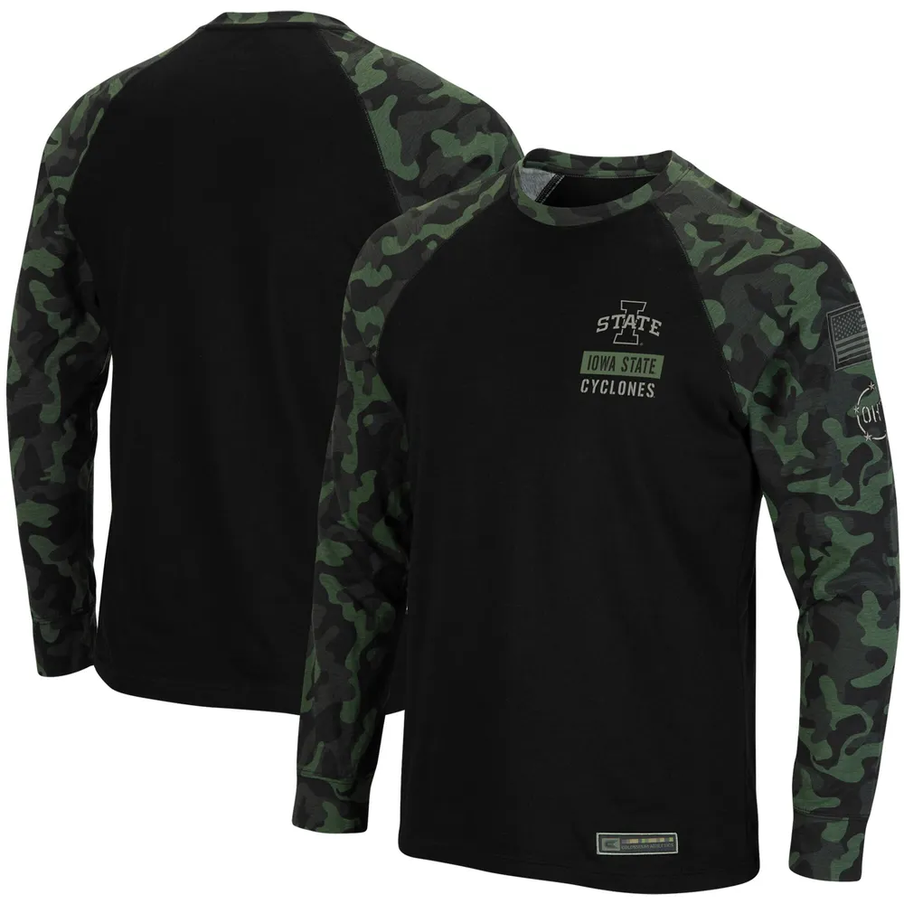 T-shirt à manches longues pour hommes Colosseum Black Iowa State Cyclones OHT Military Appreciation Raglan Camo