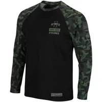 T-shirt à manches longues pour hommes Colosseum Black Iowa State Cyclones OHT Military Appreciation Raglan Camo