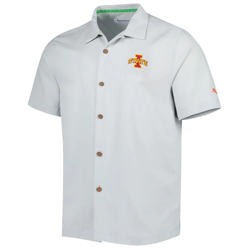 Chemise boutonnée pour homme Tommy Bahama Grey Iowa State Cyclones Coconut Point Frondly Fan Camp IslandZone