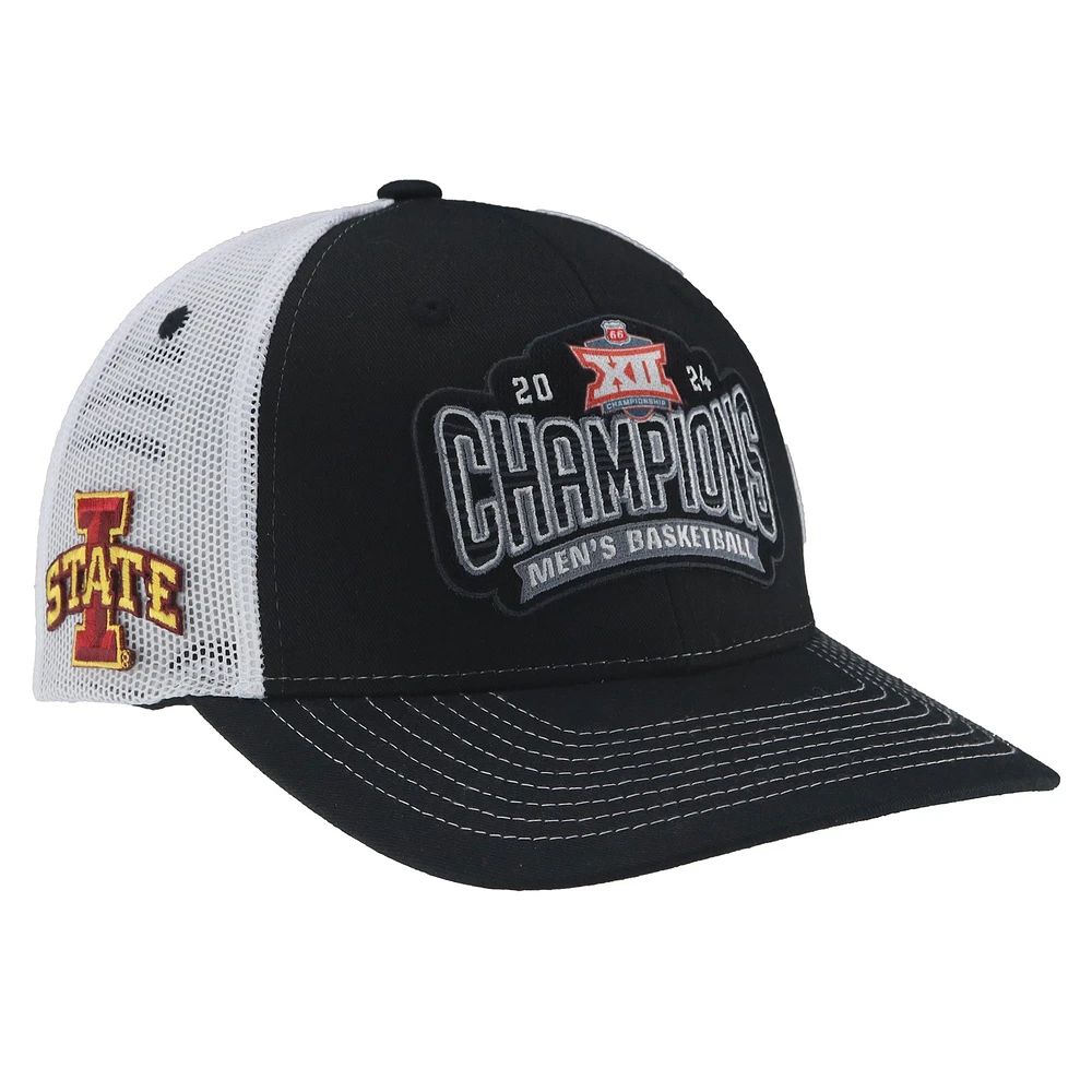 Zephyr pour hommes Noir Iowa State Cyclones 2024 Big 12 Championnat de tournoi de conférence de basket-ball pour hommes Champions Vestiaire Casquette de camionneur réglable