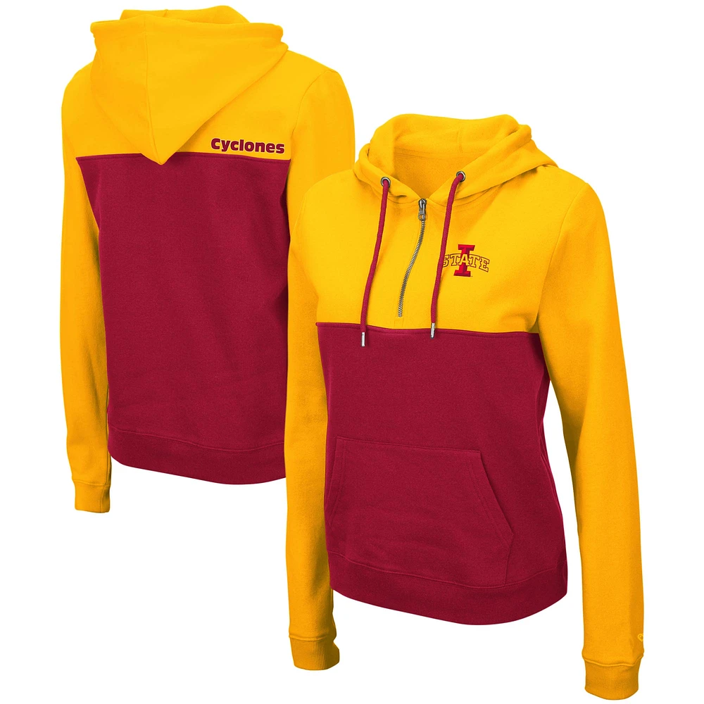 Sweat à capuche léger demi-zip Colosseum Gold/Cardinal Iowa State Cyclones Aidan pour femmes