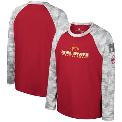 T-shirt à manches longues Raglan Colosseum Cardinal/Camo Iowa State Cyclones OHT Appréciation militaire Dark Star pour jeunes