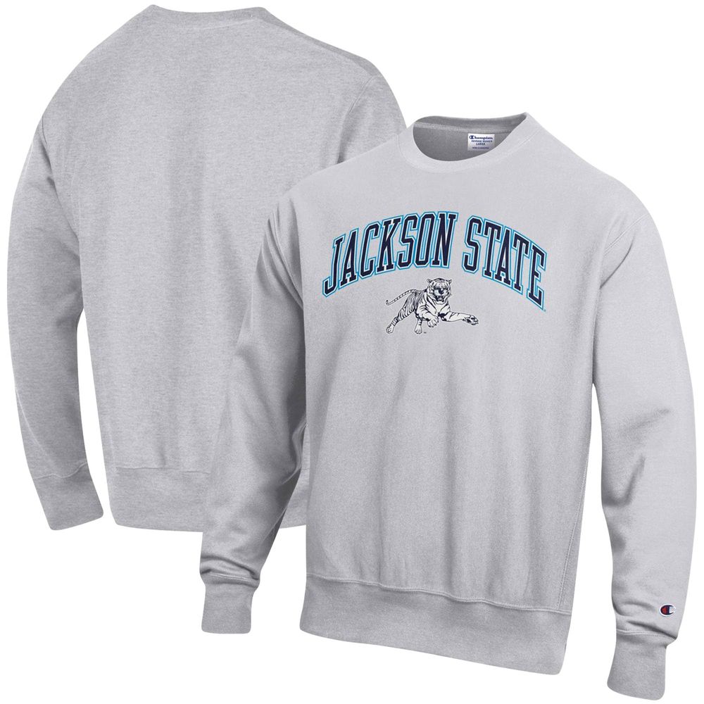 Men's Champion Heathered Gray Jackson State Tigers Arch Over Logo Reverse Weave Pullover Sweatshirt