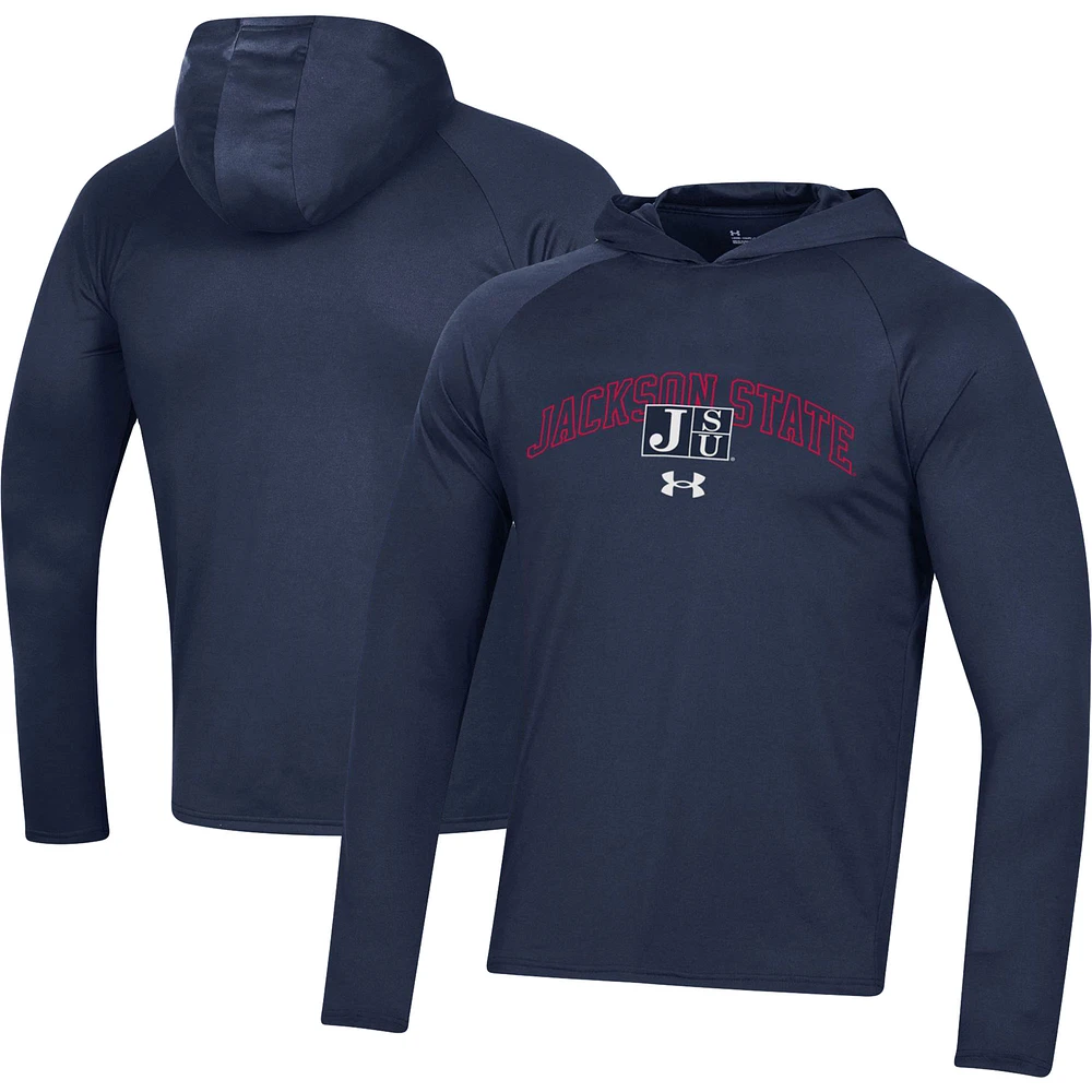 T-shirt à manches longues raglan capuche Under Armour Jackson State Tigers 2023 Sideline Tech pour homme, bleu marine