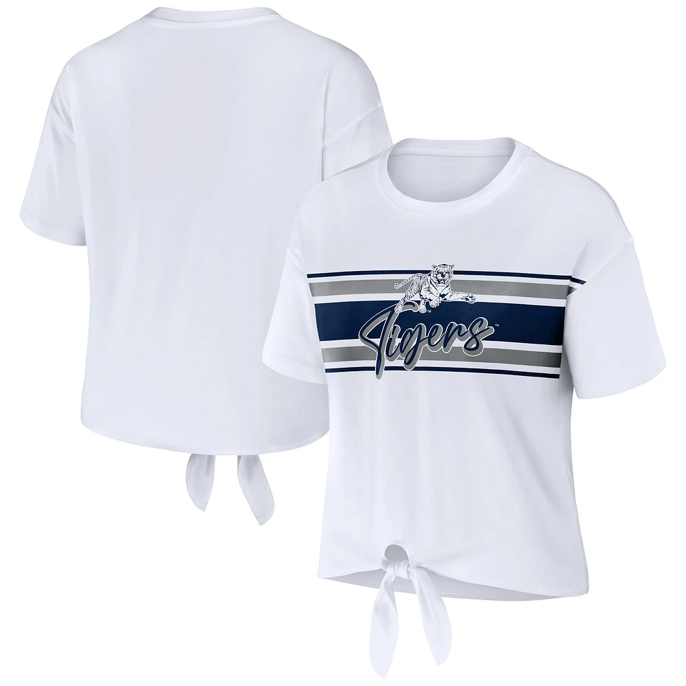 Women's WEAR by Erin Andrews White Jackson State Tigers Striped Front Knot Cropped T-Shirt