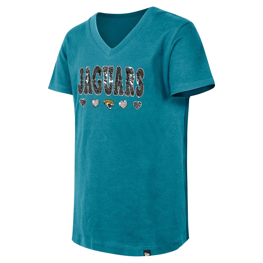 T-shirt à col en V sequins inversés Jacksonville Jaguars New Era Teal pour filles