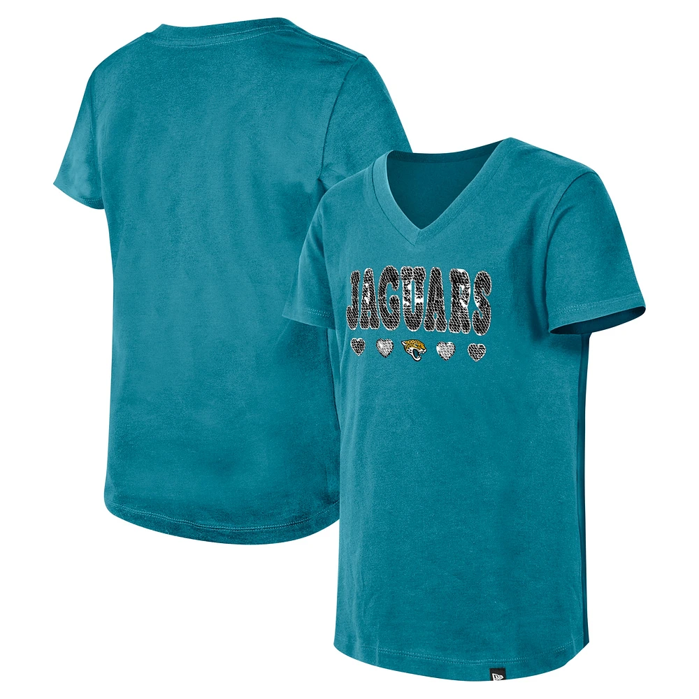 Girls Youth New Era Teal Jacksonville Jaguars Flip Sequin V-Neck T-Shirt