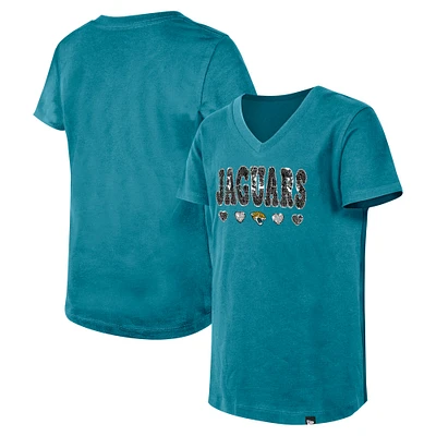 T-shirt à col en V sequins inversés Jacksonville Jaguars New Era Teal pour filles