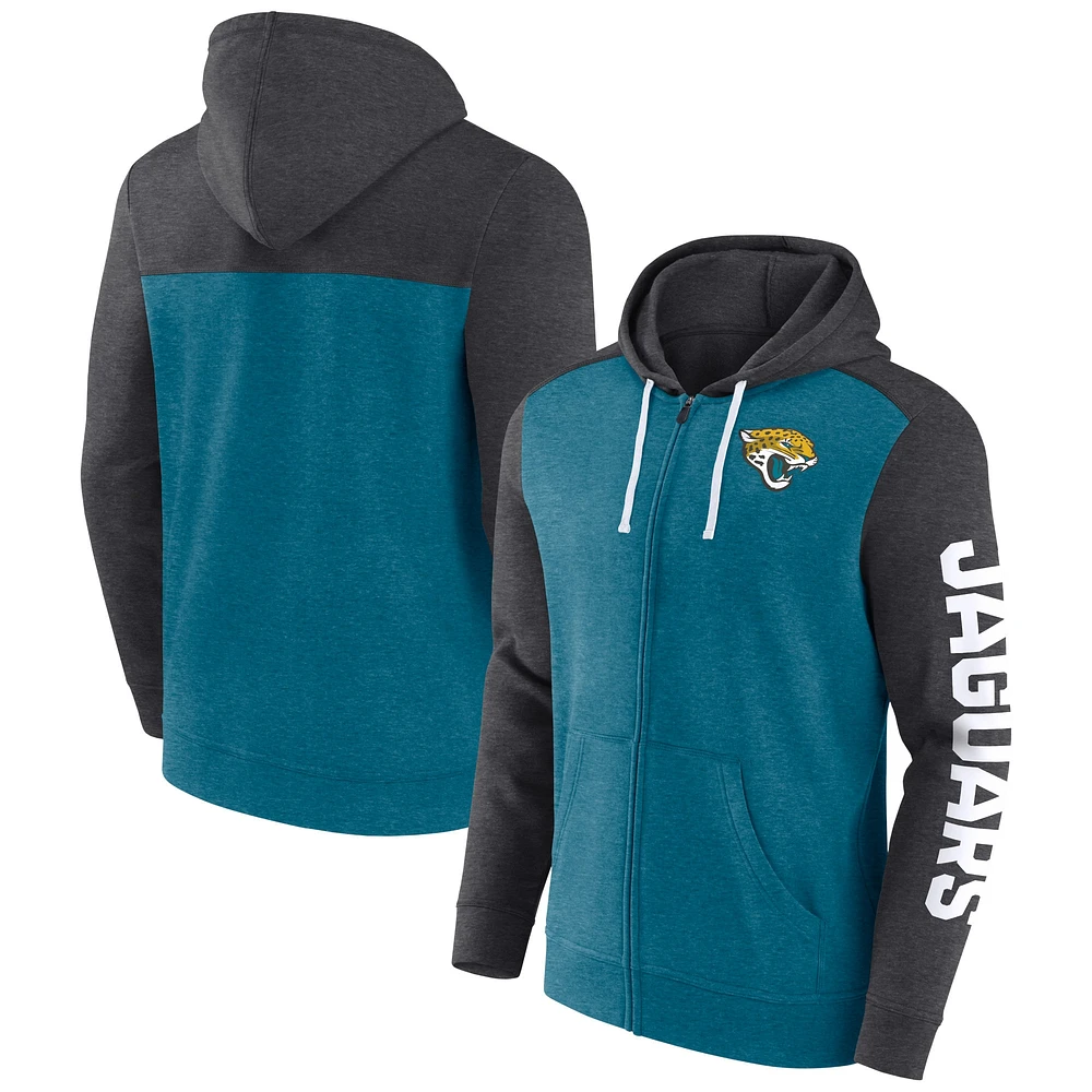 Sweat à capuche entièrement zippé pour hommes Fanatics Heather Teal Jacksonville Jaguars Down and Distance