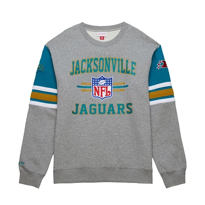 Men's Mitchell & Ness Heather Gray Jacksonville Jaguars All Over 4.0 Vintage Logo Pullover Sweatshirt