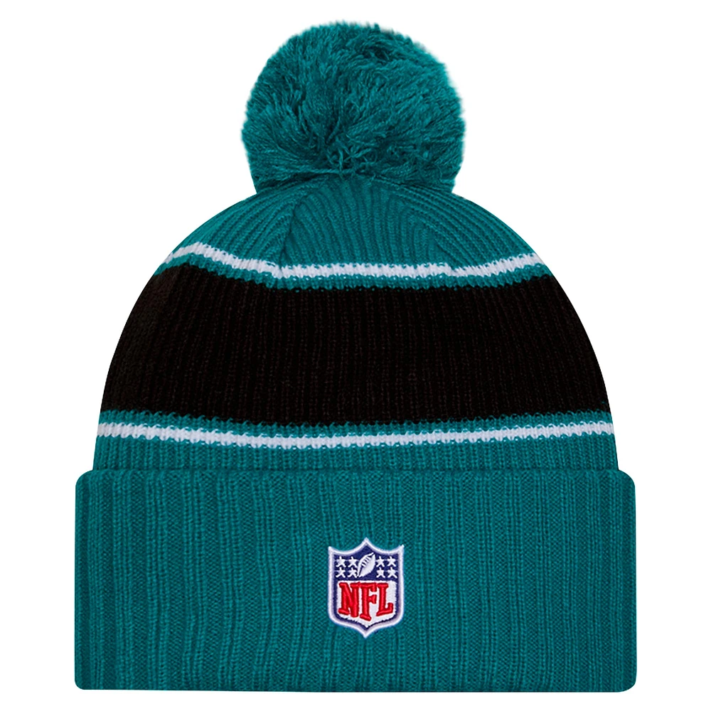 Bonnet tricoté à revers avec pompon Jacksonville Jaguars 2024 de New Era pour homme, bleu sarcelle