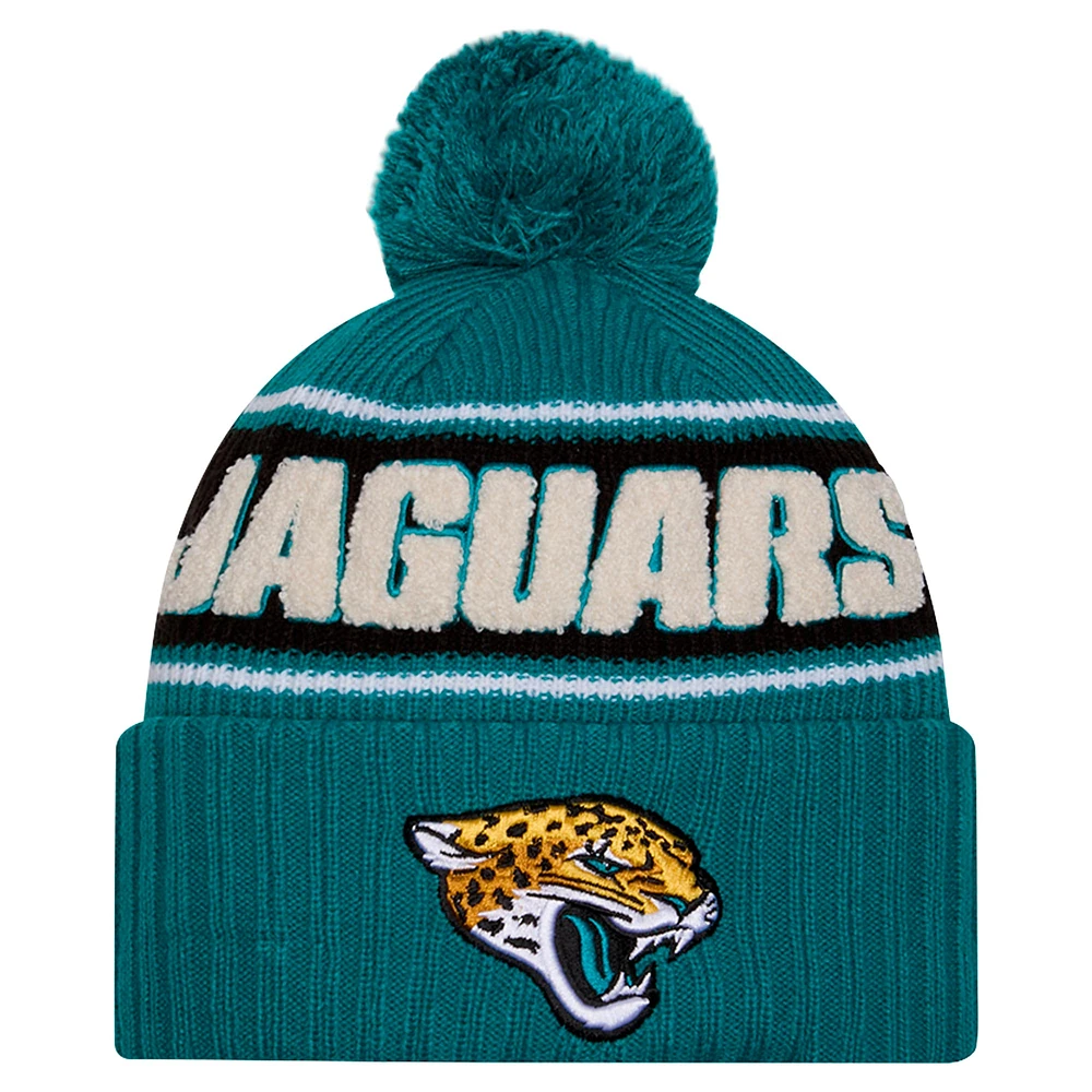 Bonnet tricoté à revers avec pompon Jacksonville Jaguars 2024 de New Era pour homme, bleu sarcelle