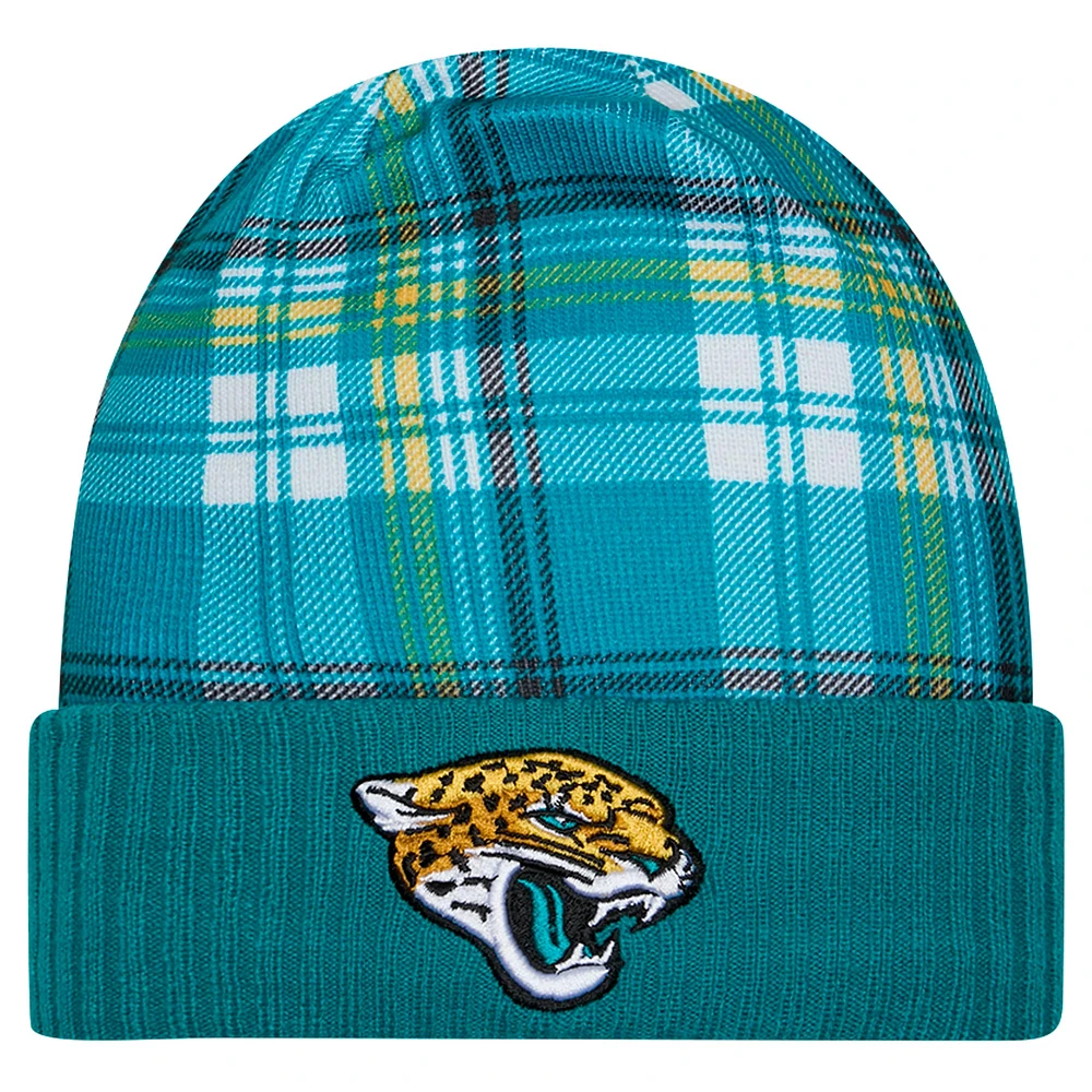 Bonnet tricoté à revers Jacksonville Jaguars Sideline Statement bleu sarcelle New Era pour homme