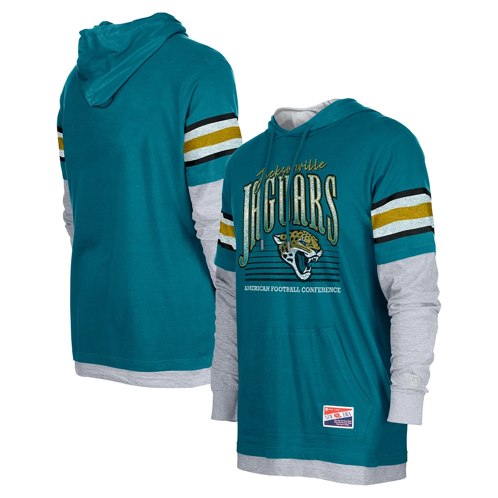 T-shirt à capuche manches longues Twofer pour homme, bleu sarcelle, Jacksonville Jaguars, New Era