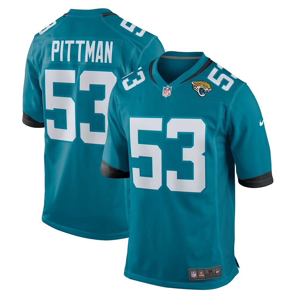 Maillot de match Nike Anthony Pittman Teal Jacksonville Jaguars pour homme