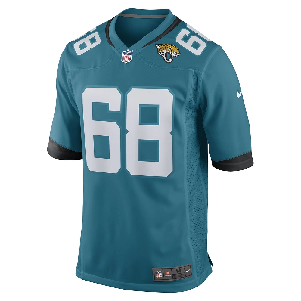 Maillot Nike Brandon Scherff pour homme, bleu sarcelle, joueur de jeu des Jacksonville Jaguars