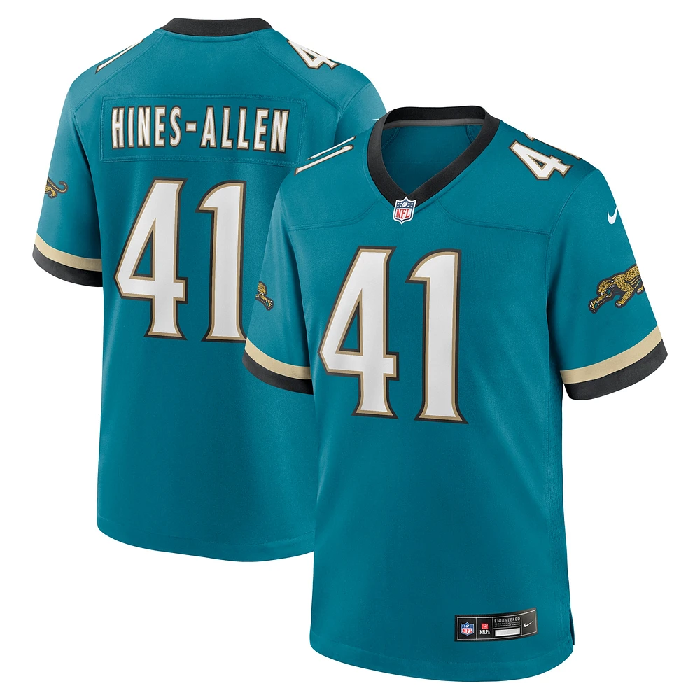 Maillot de jeu Nike Josh Hines-Allen pour hommes, bleu sarcelle, Jacksonville Jaguars Prowler Throwback Player Game