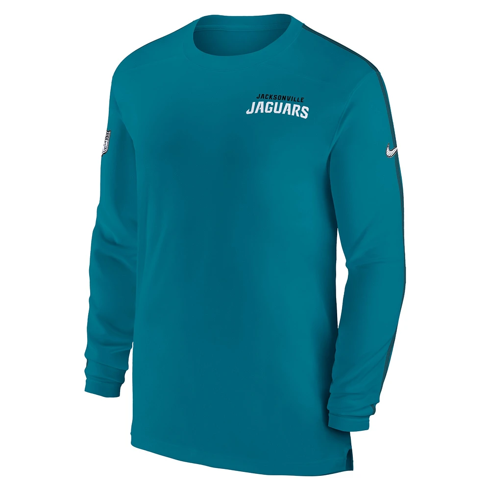 T-shirt à manches longues Nike pour hommes, bleu sarcelle, Jacksonville Jaguars Sideline Coach UV Performance