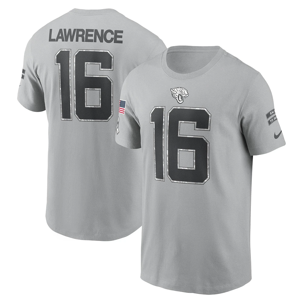 T-shirt Nike Trevor Lawrence pour homme, gris, Jacksonville Jaguars 2024 Salute To Service, nom et numéro