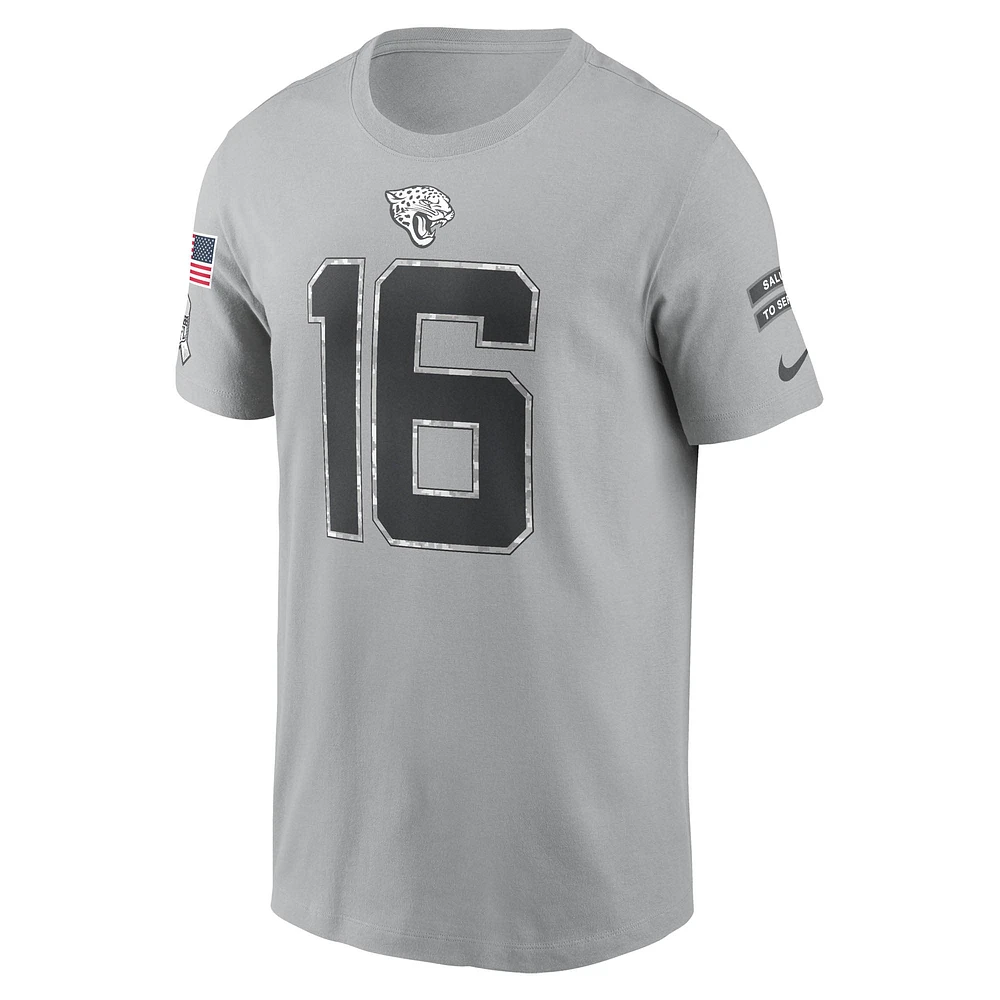 T-shirt Nike Trevor Lawrence pour homme, gris, Jacksonville Jaguars 2024 Salute To Service, nom et numéro