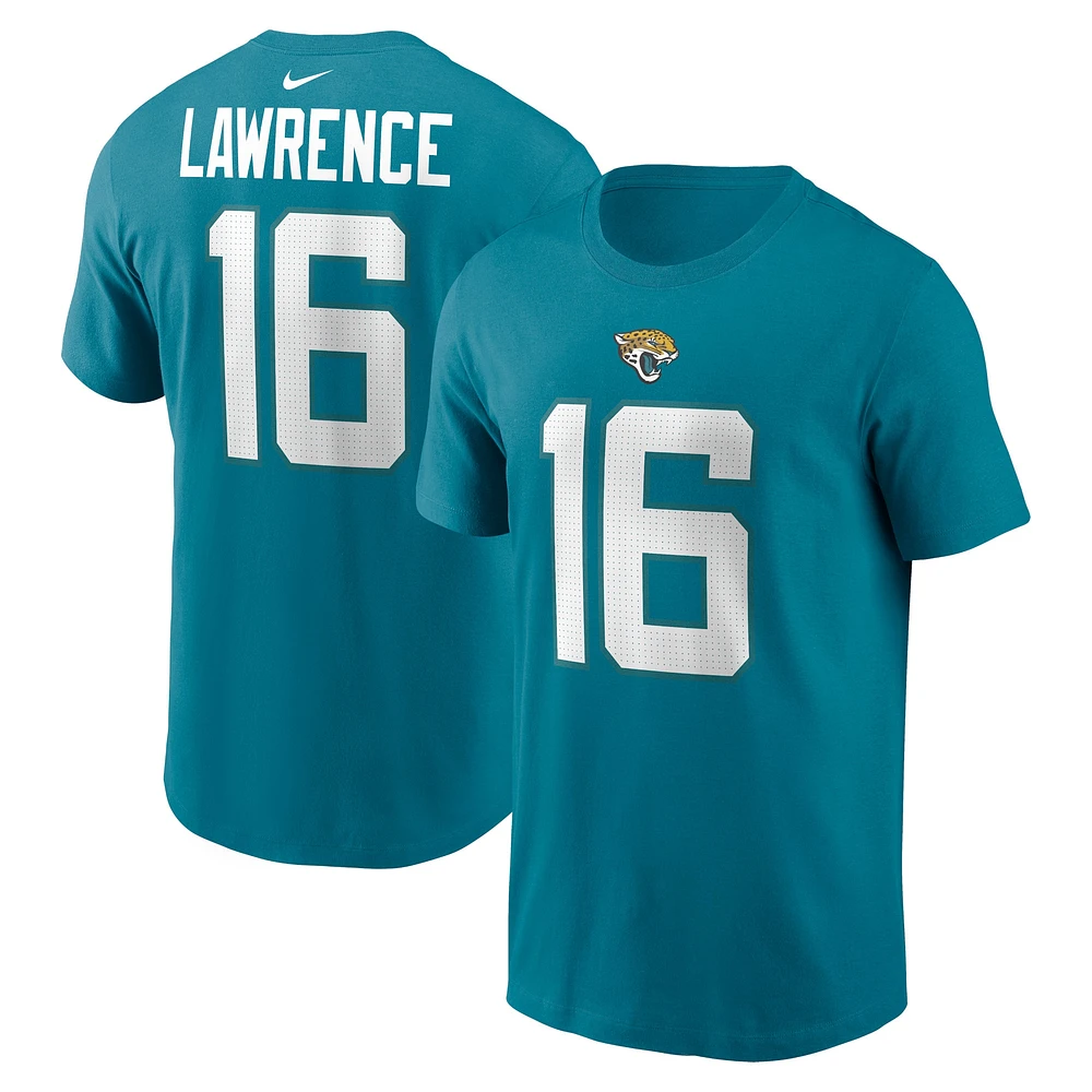 T-shirt avec nom et numéro de joueur des Jacksonville Jaguars Nike Trevor Lawrence pour homme, bleu sarcelle