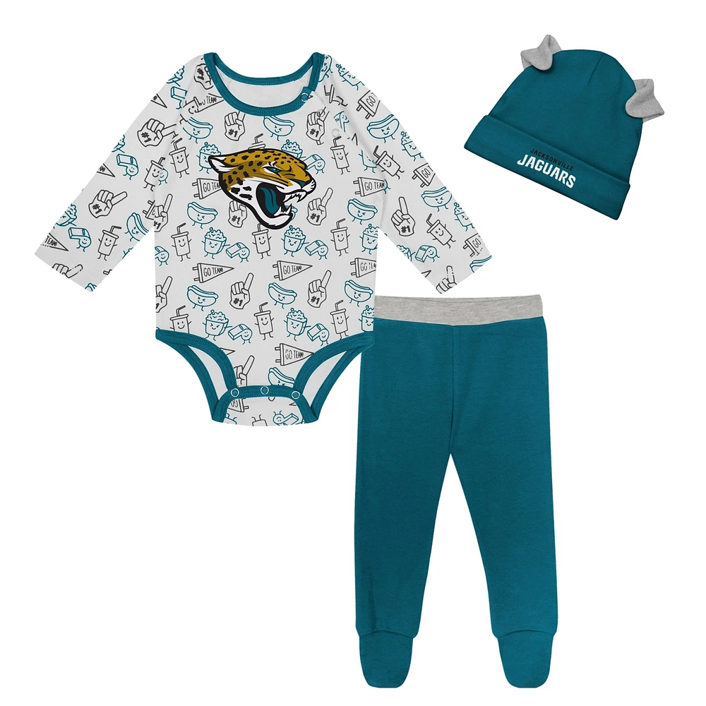 Ensemble 3 pièces pour nouveau-né et bébé Jacksonville Jaguars Little Champ, body à manches longues, pantalon bonnet revers