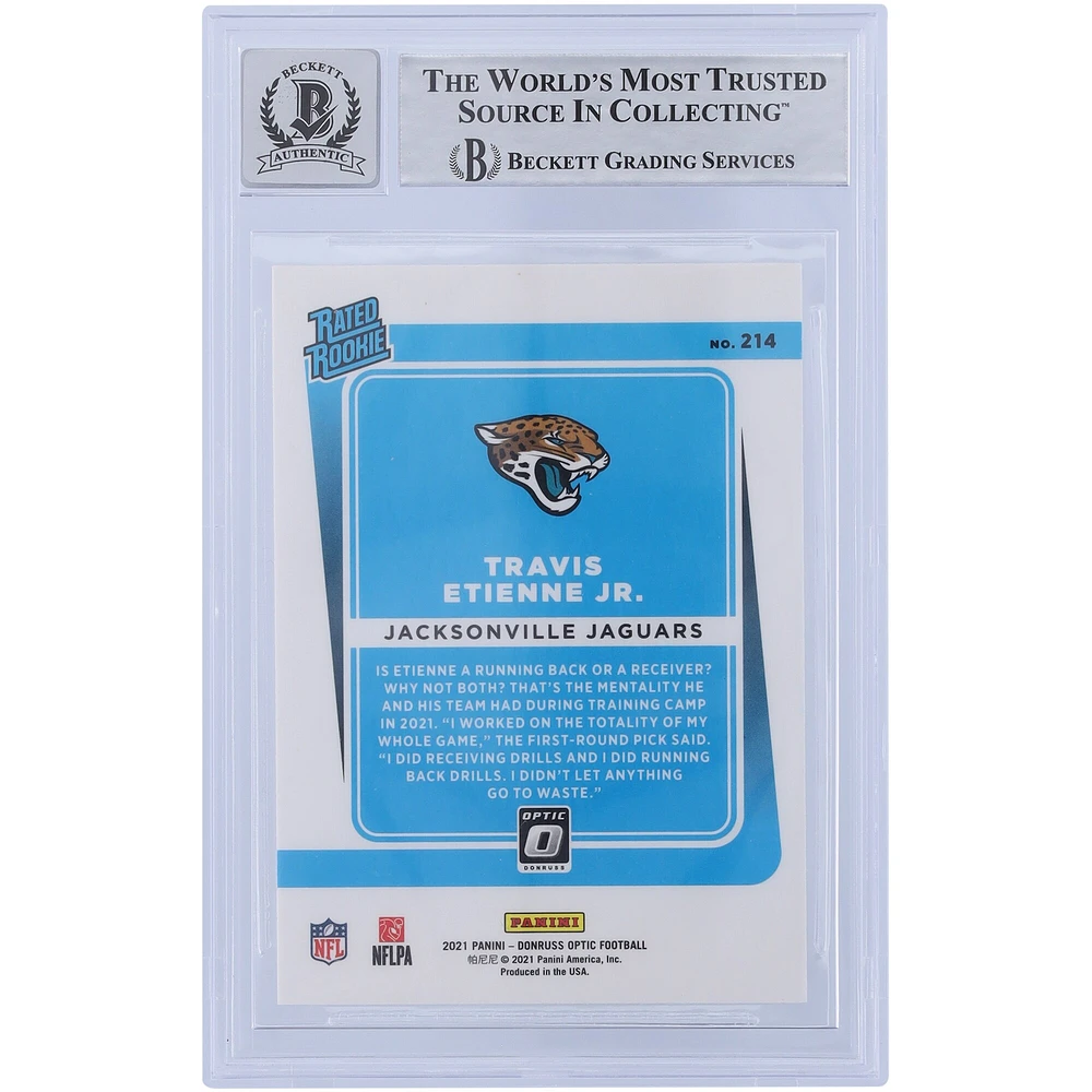 Travis Etienne Jacksonville Jaguars Autographié 2021 Panini Donruss Optic #214 Beckett Fanatics Witnessed Authenticated 9/10 Rookie Card