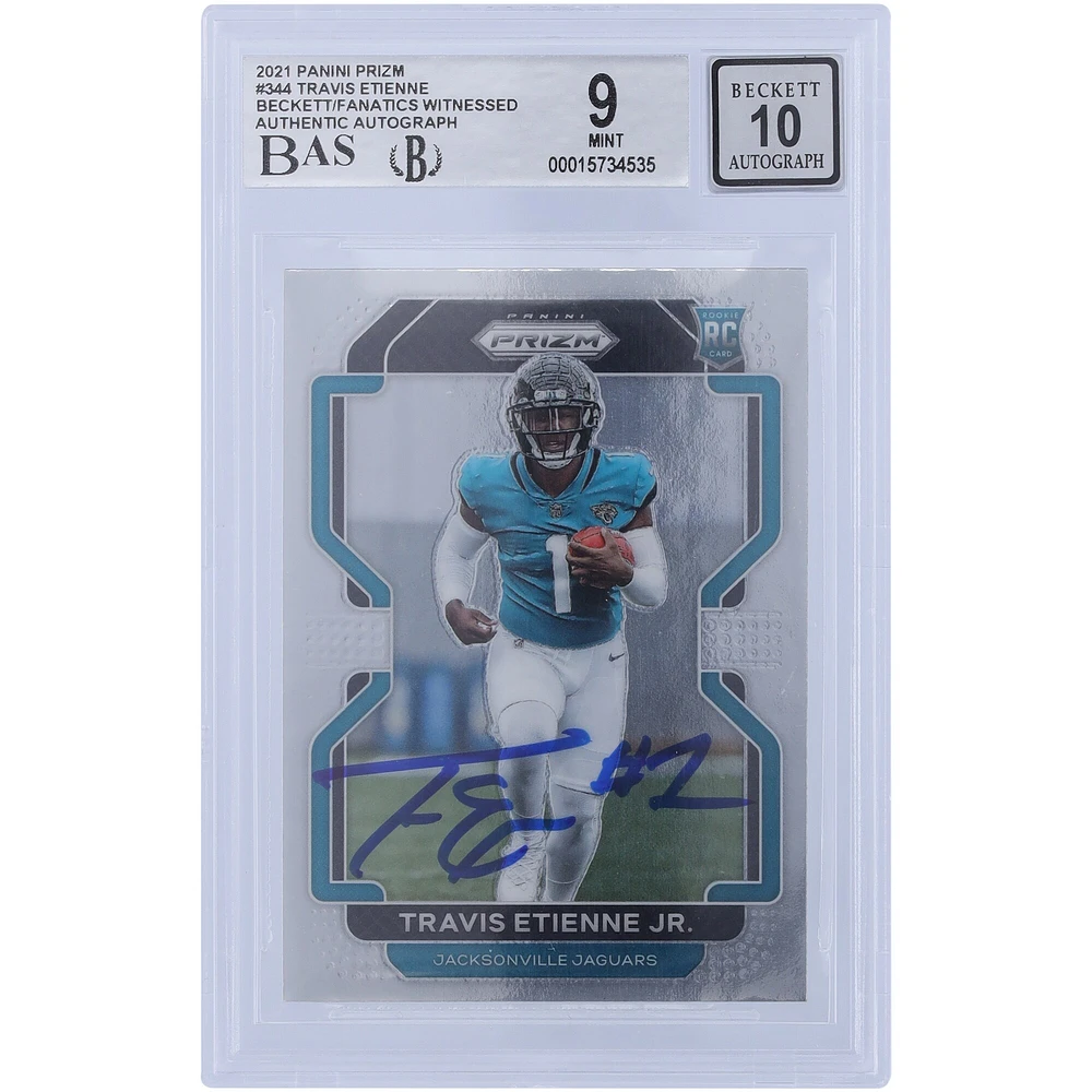 Carte de recrue 9/10 authentifiée signée Travis Etienne Jacksonville Jaguars Panini Prizm #344 2021 Beckett Fanatics