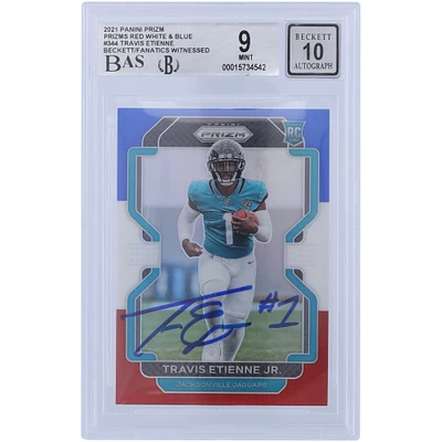 Travis Etienne Jacksonville Jaguars Autographié 2021 Panini Prizm Rouge Blanc & Bleu #344 Beckett Fanatics Witnessed Authenticated 9/10 Rookie Card