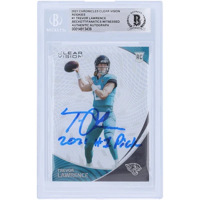Carte de recrue authentifiée 2021 Panini Chronicles Clear Vision #CVR-1 signée Trevor Lawrence Jacksonville Jaguars avec l'inscription « 2021 #1 Pick » et présentée par les fanatiques de Beckett
