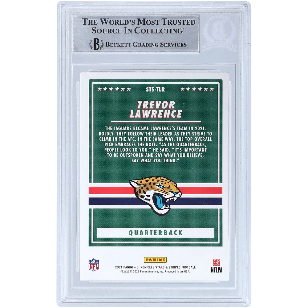 Carte de recrue authentifiée signée Trevor Lawrence Jacksonville Jaguars Panini Chronicles Stars and Stripes 2021 #STS-TLR Beckett Fanatics