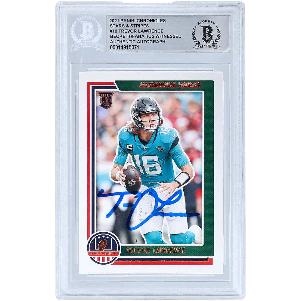 Carte de recrue authentifiée signée Trevor Lawrence Jacksonville Jaguars Panini Chronicles Stars and Stripes 2021 #STS-TLR Beckett Fanatics