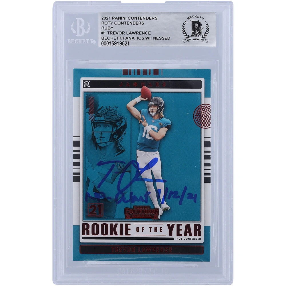 Carte de recrue authentifiée signée Trevor Lawrence Jacksonville Jaguars 2021 Panini Contenders ROY Contenders Ruby #ROY-TLR Beckett Fanatics avec l'inscription « NFL Debut 9/12/21 »