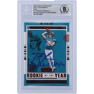 Carte de recrue authentifiée signée Trevor Lawrence Jacksonville Jaguars 2021 Panini Contenders ROY Contenders Ruby #ROY-TLR Beckett Fanatics avec l'inscription « NFL Debut 9/12/21 »