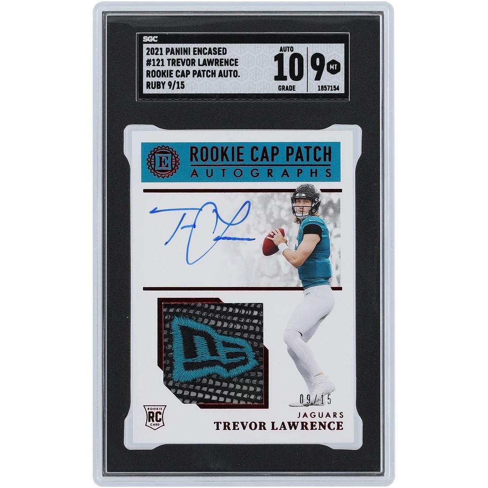 Trevor Lawrence Jacksonville Jaguars Autographed 2021 Panini Encased Rookie Cap New Era Logo #121 #9/15 SGC Authenticated 9/10 Rookie Card