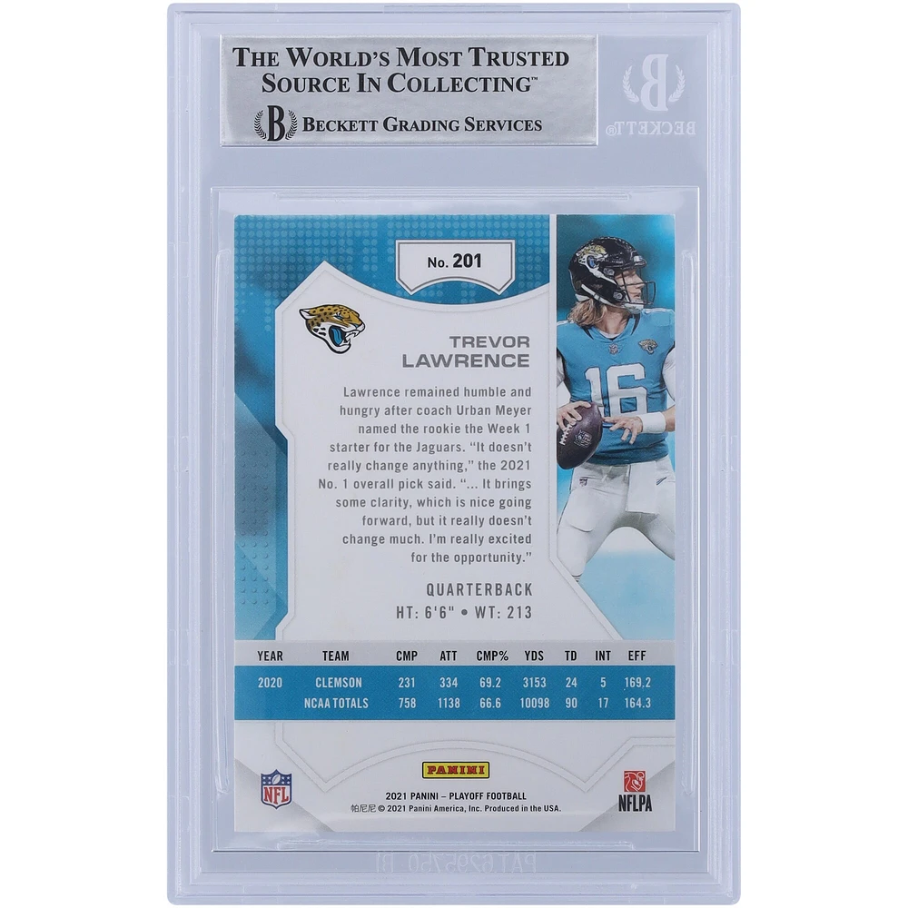 Trevor Lawrence Jacksonville Jaguars a autographié la carte de recrue authentifiée Panini Playoff 2021 #201 Beckett Fanatics avec l'inscription « 2021 #1 Pick »
