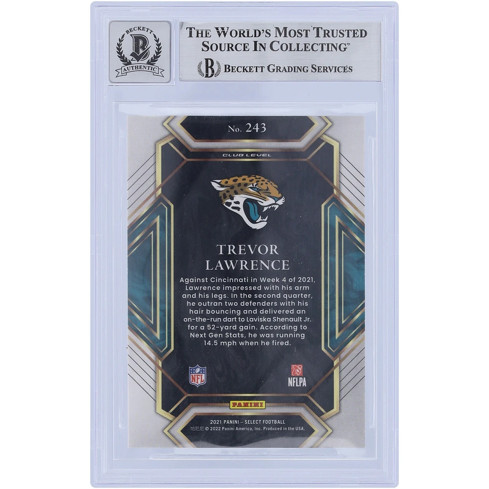 Carte de recrue Panini Select Club Level #243 autographiée 2021 de Trevor Lawrence Jacksonville Jaguars Beckett Fanatics Witnessed Authenticated 10 Rookie