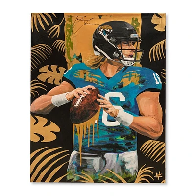 Impression giclée sur toile étirée autographiée de 30" x 40" de Trevor Lawrence Jacksonville Jaguars - Art par Cortney Wall - Gold & Jungle