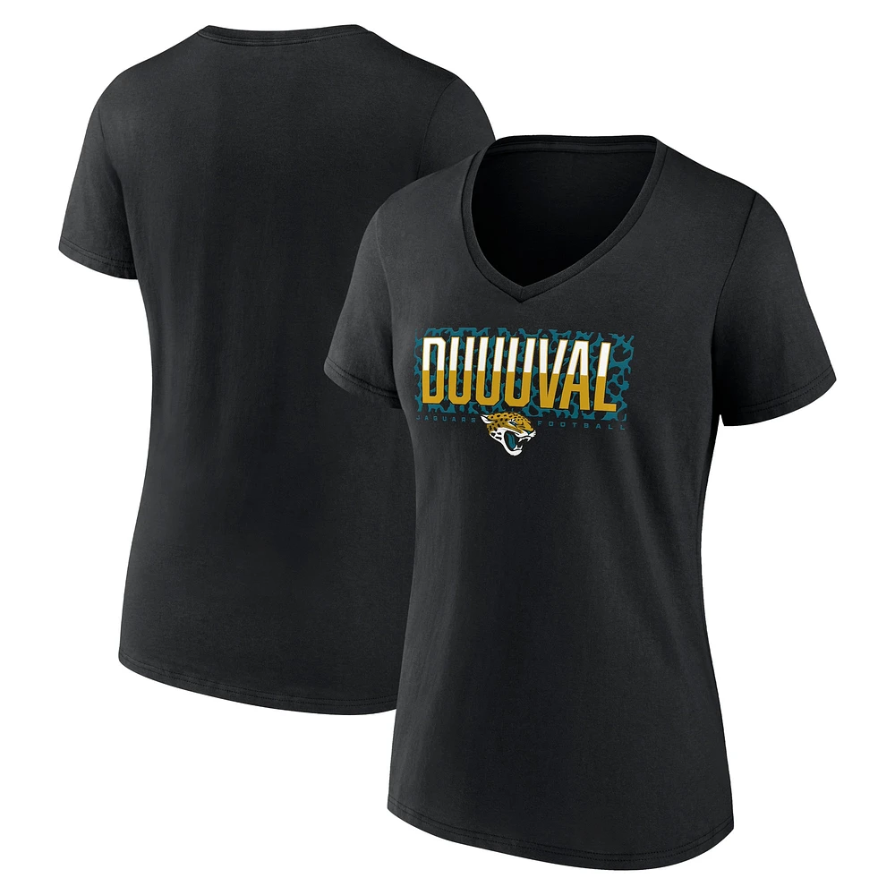 T-shirt noir à col en V Fanatics pour femmes, Jacksonville Jaguars, support défensif de la ville natale