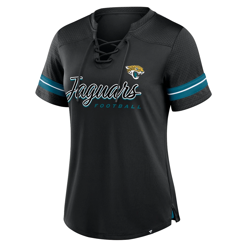 T-shirt à lacets noir Jacksonville Jaguars Play Script Fanatics pour femme