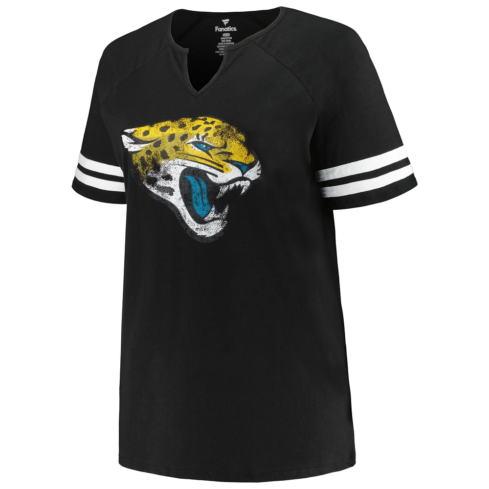 T-shirt noir à manches raglan et col cranté avec logo grande taille des Jacksonville Jaguars Fanatics pour femmes