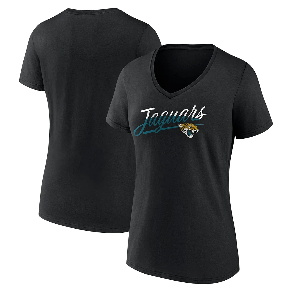 T-shirt noir à col en V Fanatics pour femmes des Jaguars de Jacksonville Slice Script