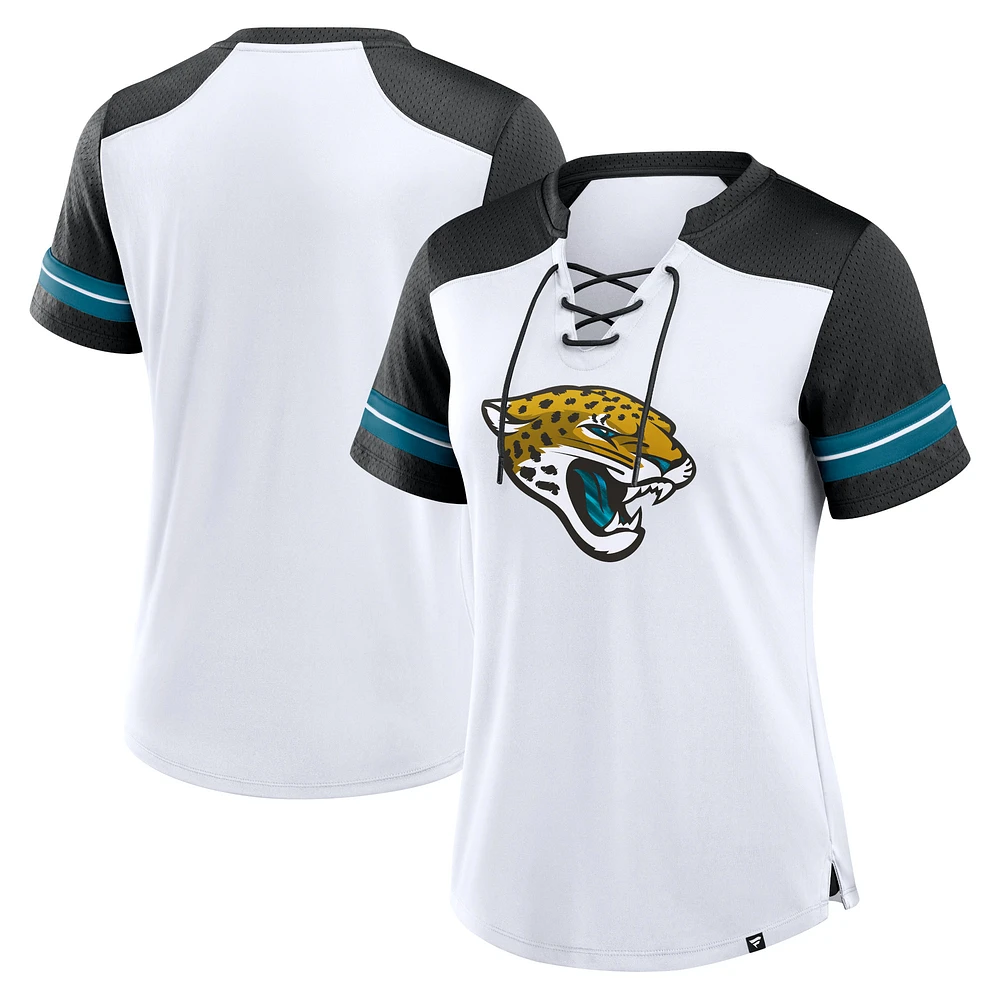 T-shirt à lacets primaire déjoué Fanatics pour femmes, blanc/noir, Jacksonville Jaguars