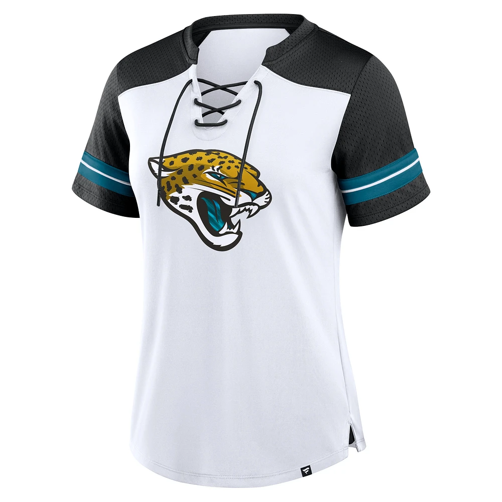 T-shirt à lacets primaire déjoué Fanatics pour femmes, blanc/noir, Jacksonville Jaguars