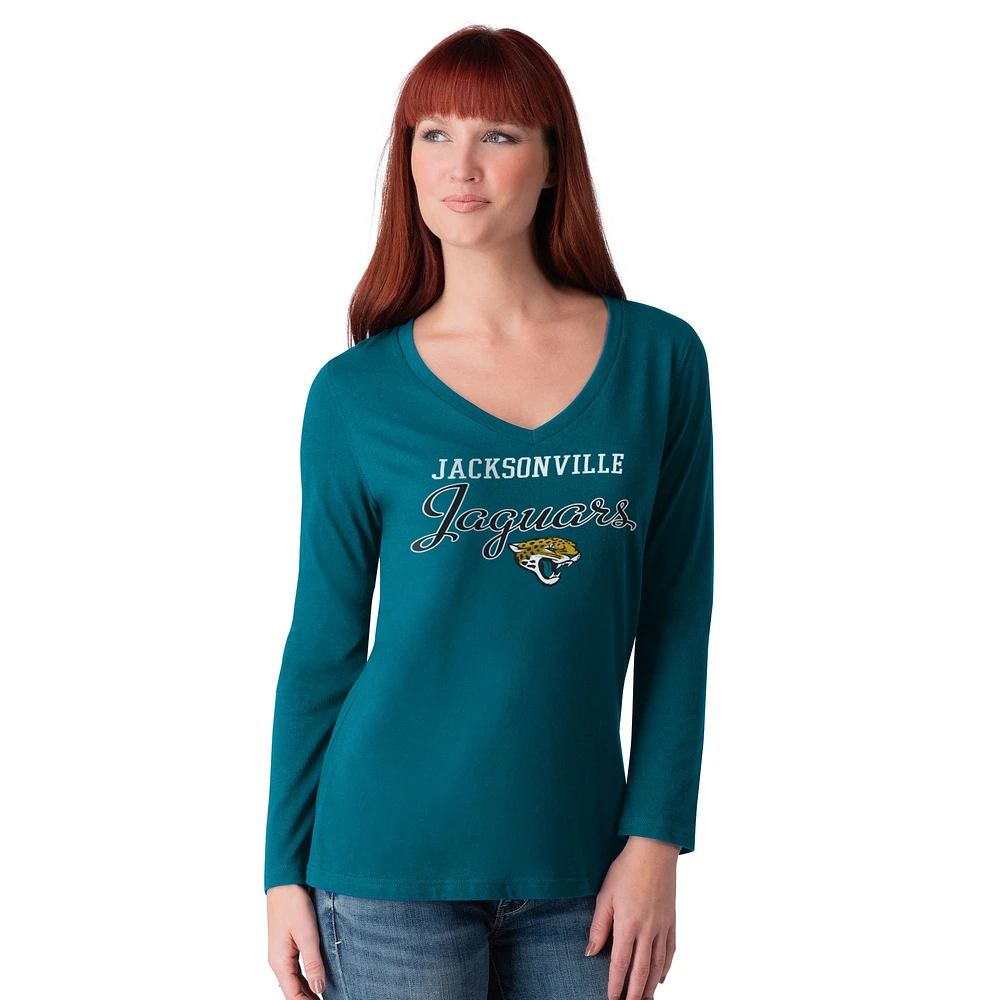 Women's G-III 4Her by Carl Banks Teal Jacksonville Jaguars Post Season Long Sleeve V-Neck T-Shirt